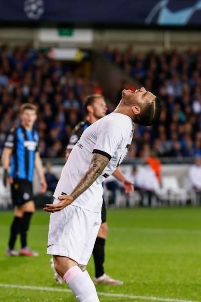 Mauro Icardi of Paris Saint-Germain reacts to a play during the UEFA Champions League group A match between Club Brugge KV and Paris Saint-Germain at...