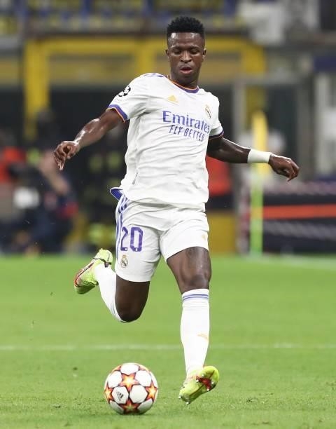 Vinicius Junior of Real Madrid in action during the UEFA Champions League group D match between Inter and Real Madrid at Giuseppe Meazza Stadium on...