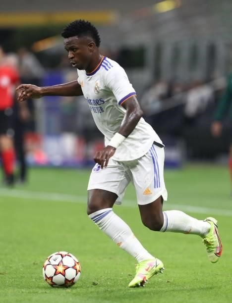 Vinicius Junior of Real Madrid in action during the UEFA Champions League group D match between Inter and Real Madrid at Giuseppe Meazza Stadium on...