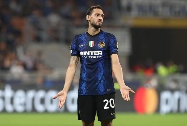 Hakan Calhanoglu of FC Internazionale reacts during the UEFA Champions League group D match between Inter and Real Madrid at Giuseppe Meazza Stadium...