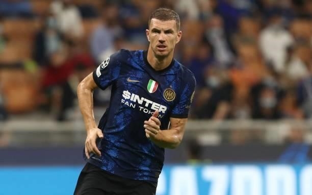 Edin Dzeko of FC Internazionale looks on during the UEFA Champions League group D match between Inter and Real Madrid at Giuseppe Meazza Stadium on...