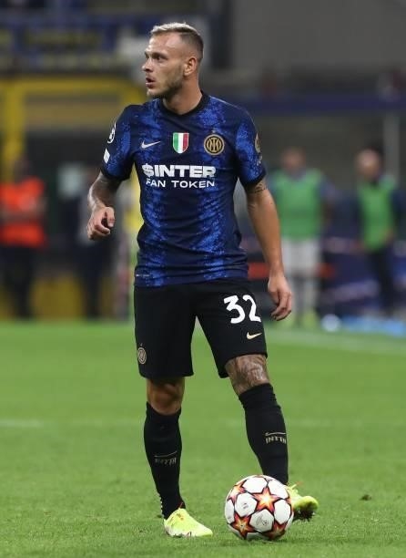 Federico Dimarco of FC Internazionale in action during the UEFA Champions League group D match between Inter and Real Madrid at Giuseppe Meazza...
