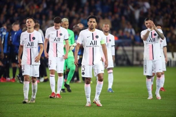 Marquinhos of PSG looks dejected during the UEFA Champions League group A match between Club Brugge KV and Paris Saint-Germain at Jan Breydel Stadium...