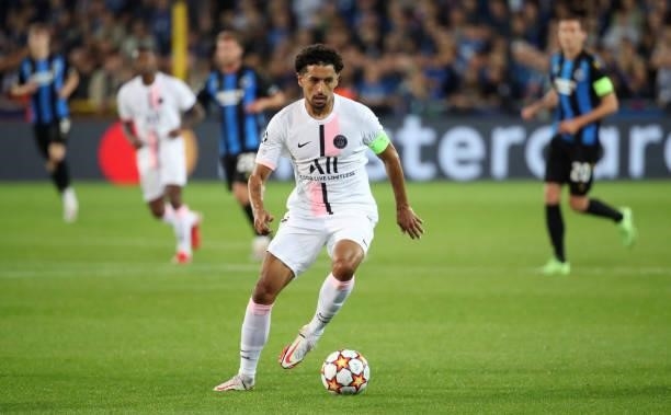 Marquinhos of PSG in action with the ball during the UEFA Champions League group A match between Club Brugge KV and Paris Saint-Germain at Jan...