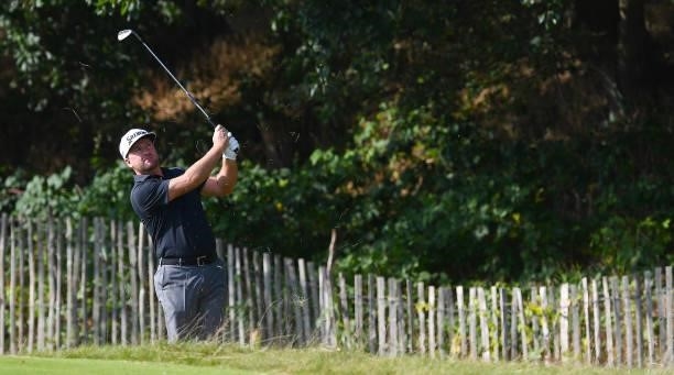 Graeme McDowell of Northern Ireland hits his second shot on the 9th hole during Day One of the Dutch Open at Bernardus Golf on September 16, 2021 in...