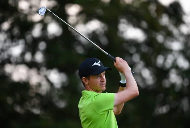 Daan Huizing of The Netherlands tees off the 17th hole during Day One of the Dutch Open at Bernardus Golf on September 16, 2021 in Cromvoirt,...