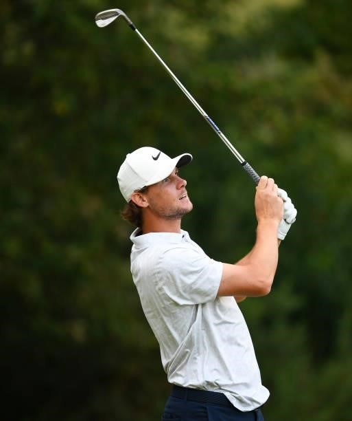 Thomas Pieters of Belgium tees off the 7th hole during Day One of the Dutch Open at Bernardus Golf on September 16, 2021 in Cromvoirt,...