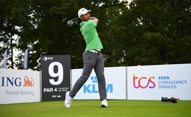 Max Albertus of The Netherlands tees off the 9th during Day One of the Dutch Open at Bernardus Golf on September 16, 2021 in Cromvoirt,...