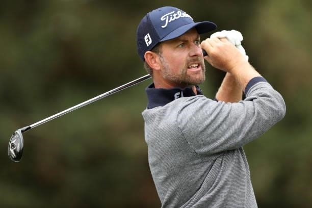 Webb Simpson hits his tee shot on the seventh hole during round one of the Fortinet Championship at Silverado Resort and Spa on September 16, 2021 in...
