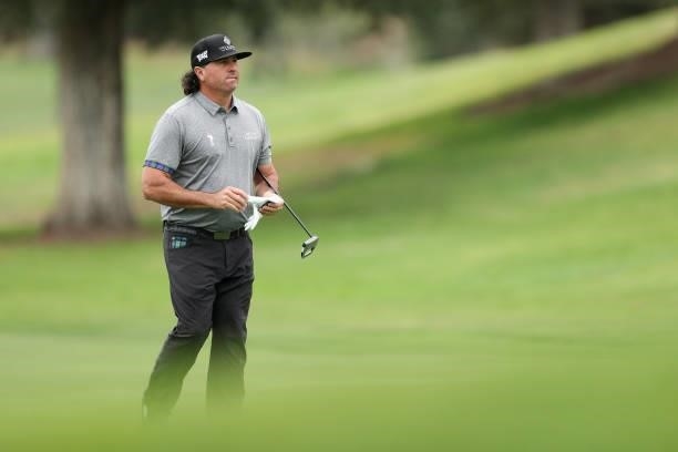 Pat Perez walks on the fifth hole green during round one of the Fortinet Championship at Silverado Resort and Spa on September 16, 2021 in Napa,...
