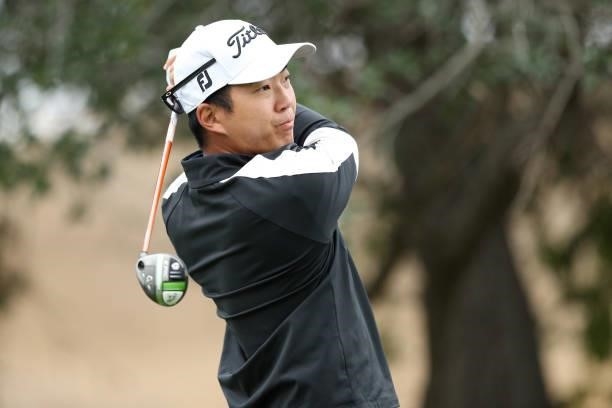 Michael Kim watches his tee shot on the fourth hole during round one of the Fortinet Championship at Silverado Resort and Spa on September 16, 2021...