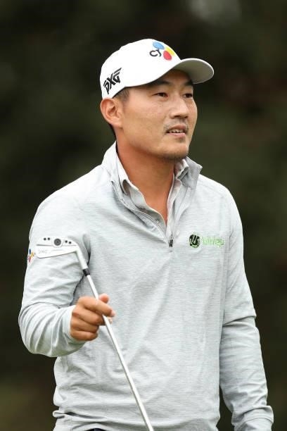 Sung Kang watches his tee shot on the seventh hole during round one of the Fortinet Championship at Silverado Resort and Spa on September 16, 2021 in...