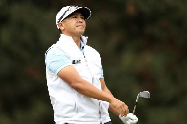 Kurt Kitayama hits his tee shot on the seventh hole during round one of the Fortinet Championship at Silverado Resort and Spa on September 16, 2021...