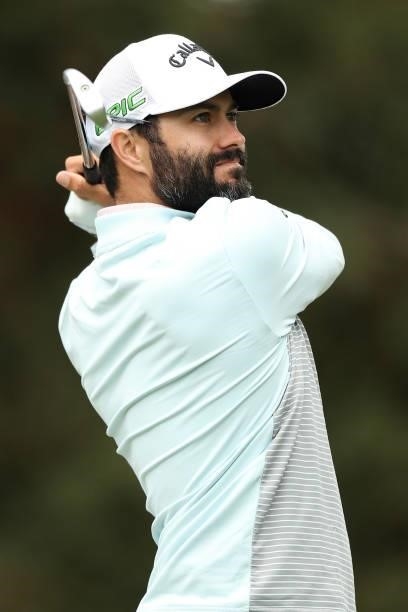 Adam Hadwin hits his tee shot on the seventh hole during round one of the Fortinet Championship at Silverado Resort and Spa on September 16, 2021 in...