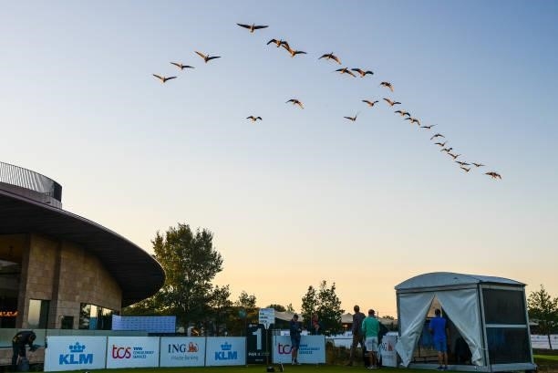 Group of birds flies on the course during Day One of the Dutch Open at Bernardus Golf on September 16, 2021 in Cromvoirt,'s-Hertogenbosch,...