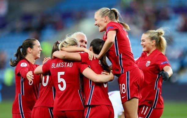 Julie Blakstad of Norway celebrates agoal over Armenia during the FIFA Women's World Cup 2023 Qualifier group F match between Norway and Armenia at...