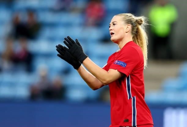 Lisa Marie Utland of Norway reacts during the FIFA Women's World Cup 2023 Qualifier group F match between Norway and Armenia at Ullevaal Stadion on...
