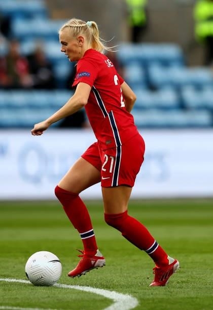 Karina Savik of Norway controls the ball during the FIFA Women's World Cup 2023 Qualifier group F match between Norway and Armenia at Ullevaal...