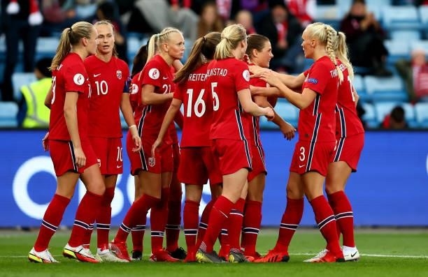 Team members of Norway celebrate a goal over Armenia during the FIFA Women's World Cup 2023 Qualifier group F match between Norway and Armenia at...