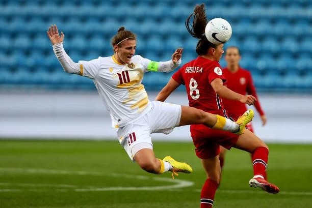 Vilde Boe Risa of Norway challenges Olga Osipyan of Armenia during the FIFA Women's World Cup 2023 Qualifier group F match between Norway and Armenia...