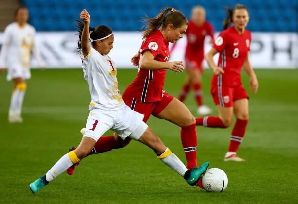 Emilie Haavi of Norway challenges Liana Ghazaryan of Armenia during the FIFA Women's World Cup 2023 Qualifier group F match between Norway and...