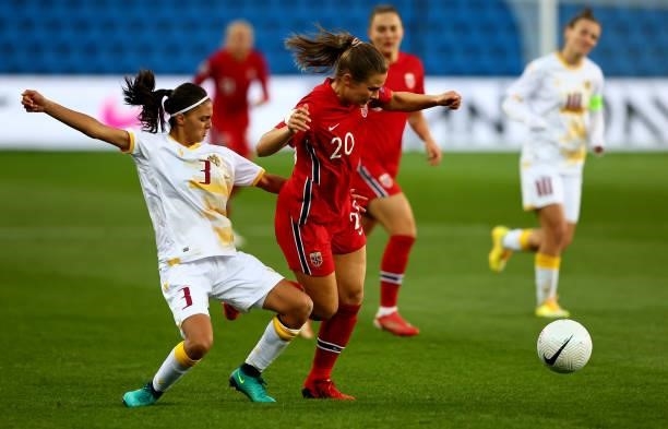 Emilie Haavi of Norway challenges Liana Ghazaryan of Armenia during the FIFA Women's World Cup 2023 Qualifier group F match between Norway and...