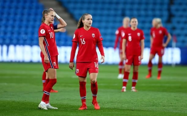 Guro Reiten of Norway reacts during the FIFA Women's World Cup 2023 Qualifier group F match between Norway and Armenia at Ullevaal Stadion on...