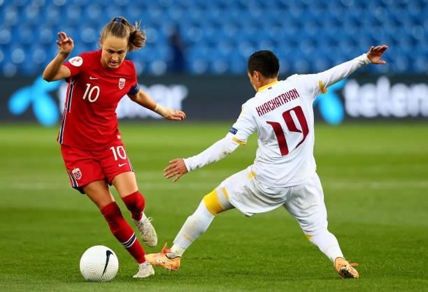 Caroline Graham Hansen of Norway challenges Armine Khachatryan of Armenia during the FIFA Women's World Cup 2023 Qualifier group F match between...