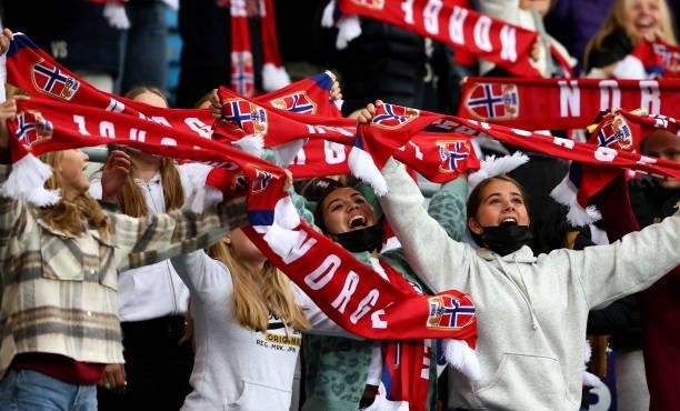 Supporters of Norway cheer ahead of the FIFA Women's World Cup 2023 Qualifier group F match between Norway and Armenia at Ullevaal Stadion on...