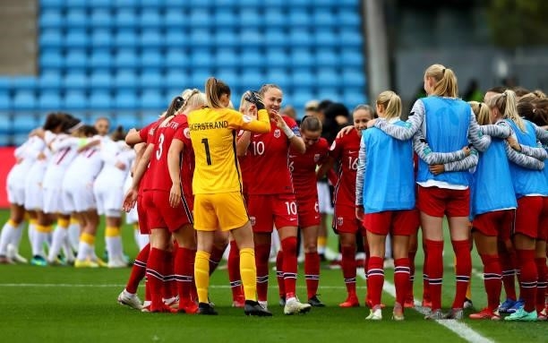 The team of Norway line up ahead of the FIFA Women's World Cup 2023 Qualifier group F match between Norway and Armenia at Ullevaal Stadion on...