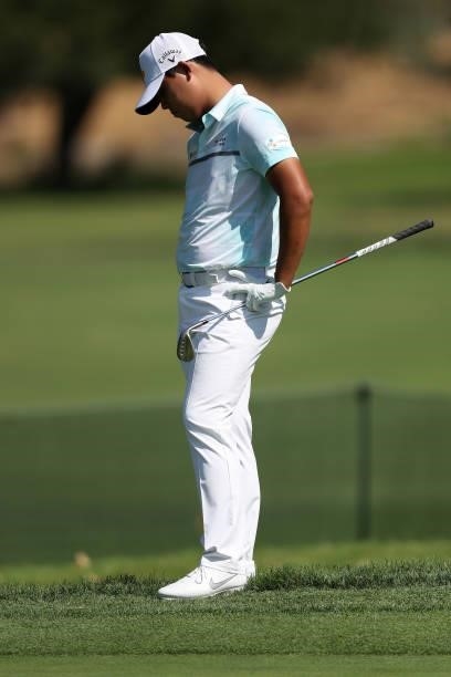 Si Woo Kim reacts to a shot on the eighth hole during round one of the Fortinet Championship at Silverado Resort and Spa on September 16, 2021 in...