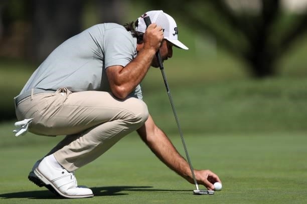 Max Homa lines up his putt on the eighth hole during round one of the Fortinet Championship at Silverado Resort and Spa on September 16, 2021 in...