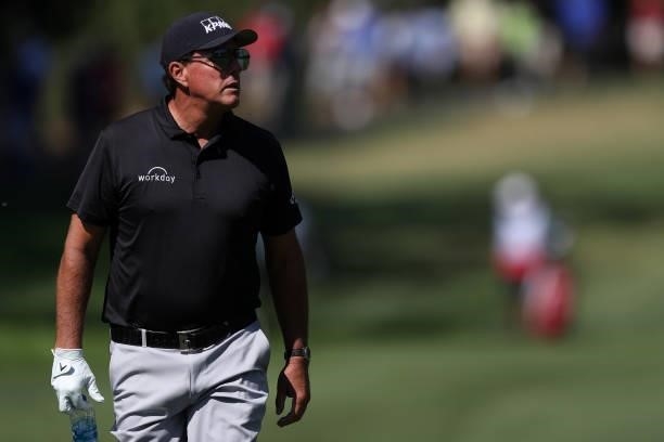 Phil Mickelson walks on the eighth hole during round one of the Fortinet Championship at Silverado Resort and Spa on September 16, 2021 in Napa,...