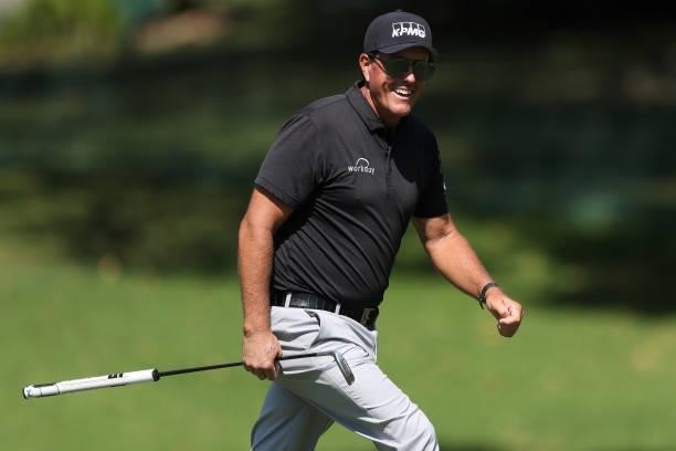 Phil Mickelson reacts to a shot on the eighth hole during round one of the Fortinet Championship at Silverado Resort and Spa on September 16, 2021 in...