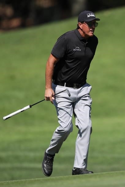 Phil Mickelson reacts to a shot on the eighth hole during round one of the Fortinet Championship at Silverado Resort and Spa on September 16, 2021 in...