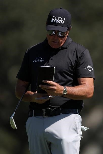 Phil Mickelson waits to putt on the eighth hole during round one of the Fortinet Championship at Silverado Resort and Spa on September 16, 2021 in...
