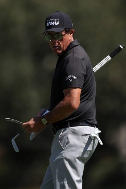 Phil Mickelson waits to putt on the eighth hole during round one of the Fortinet Championship at Silverado Resort and Spa on September 16, 2021 in...