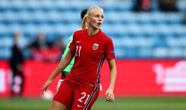 Karina Saevik of Norway reacts during the FIFA Women's World Cup 2023 Qualifier group F match between Norway and Armenia at Ullevaal Stadion on...