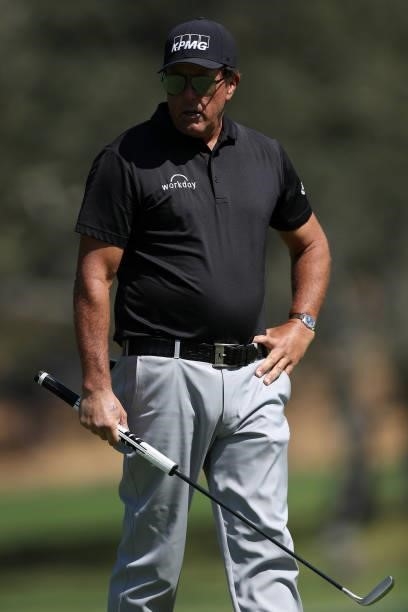 Phil Mickelson reacts to a putt on the eighth hole during round one of the Fortinet Championship at Silverado Resort and Spa on September 16, 2021 in...