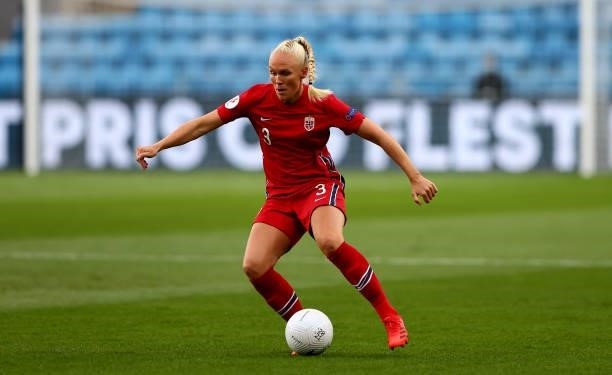 Maria Thorisdottir of Norway controls the ball during the FIFA Women's World Cup 2023 Qualifier group F match between Norway and Armenia at Ullevaal...