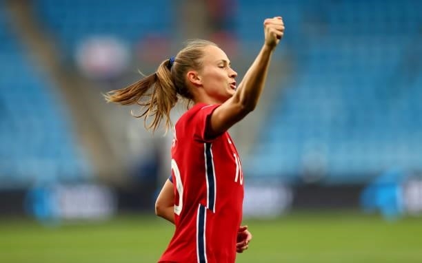Caroline Graham Hansen of Norway celebrates after she scores a goal during the FIFA Women's World Cup 2023 Qualifier group F match between Norway and...