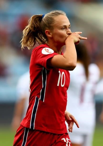 Caroline Graham Hansen of Norway celebrates after she scores a goal during the FIFA Women's World Cup 2023 Qualifier group F match between Norway and...