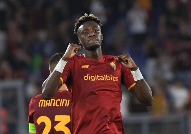 Tammy Abraham of AS Roma celebrates after scoring a goal to bring the score to 5-1 during the UEFA Europa Conference League group C match between AS...