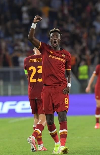 Tammy Abraham of AS Roma celebrates after scoring a goal to bring the score to 5-1 during the UEFA Europa Conference League group C match between AS...
