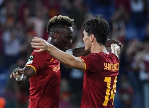 Tammy Abraham of As Roma celebrates with teammattes Eldor Shomurodov after scoring goal 5-1 during the UEFA Europa Conference League group C match...