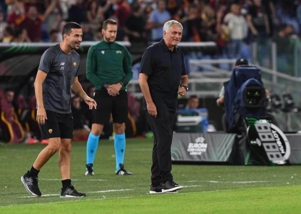Jose Mourinho head coach of As Roma celebrates after a goal during the UEFA Europa Conference League group C match between AS Roma and CSKA Sofia at...