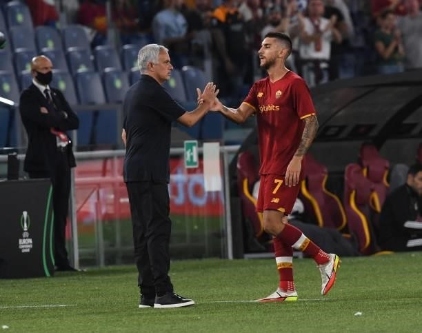 Jose Mourinho head coach of As Roma greets Lorenzo Pellegrini during the UEFA Europa Conference League group C match between AS Roma and CSKA Sofia...