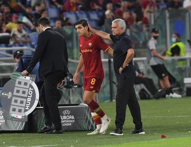 Jose Mourinho head coach of As Roma greets Gonzalo Villar during the UEFA Europa Conference League group C match between AS Roma and CSKA Sofia at...