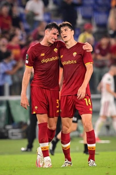 Roger Ibanez and Eldor Shomurodov at the end of the UEFA Europa Conference League group C match between AS Roma and CSKA Sofia at Stadio Olimpico on...