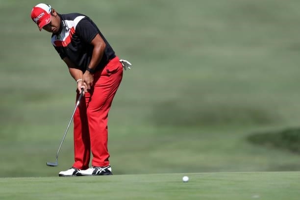 Hideki Matsuyama of Japan putts on the sixth hole green during round one of the Fortinet Championship at Silverado Resort and Spa on September 16,...
